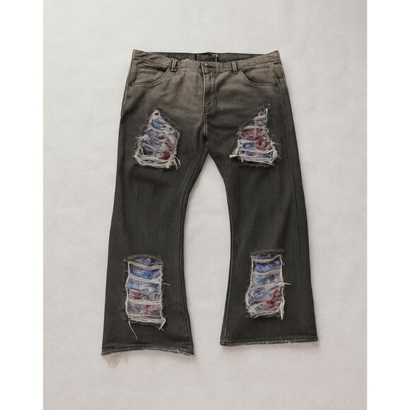 Rebel Vengeance Destroy Jeans Mens 46 Black Distressed Reconstructed Denim Patch - Picture 1 of 7